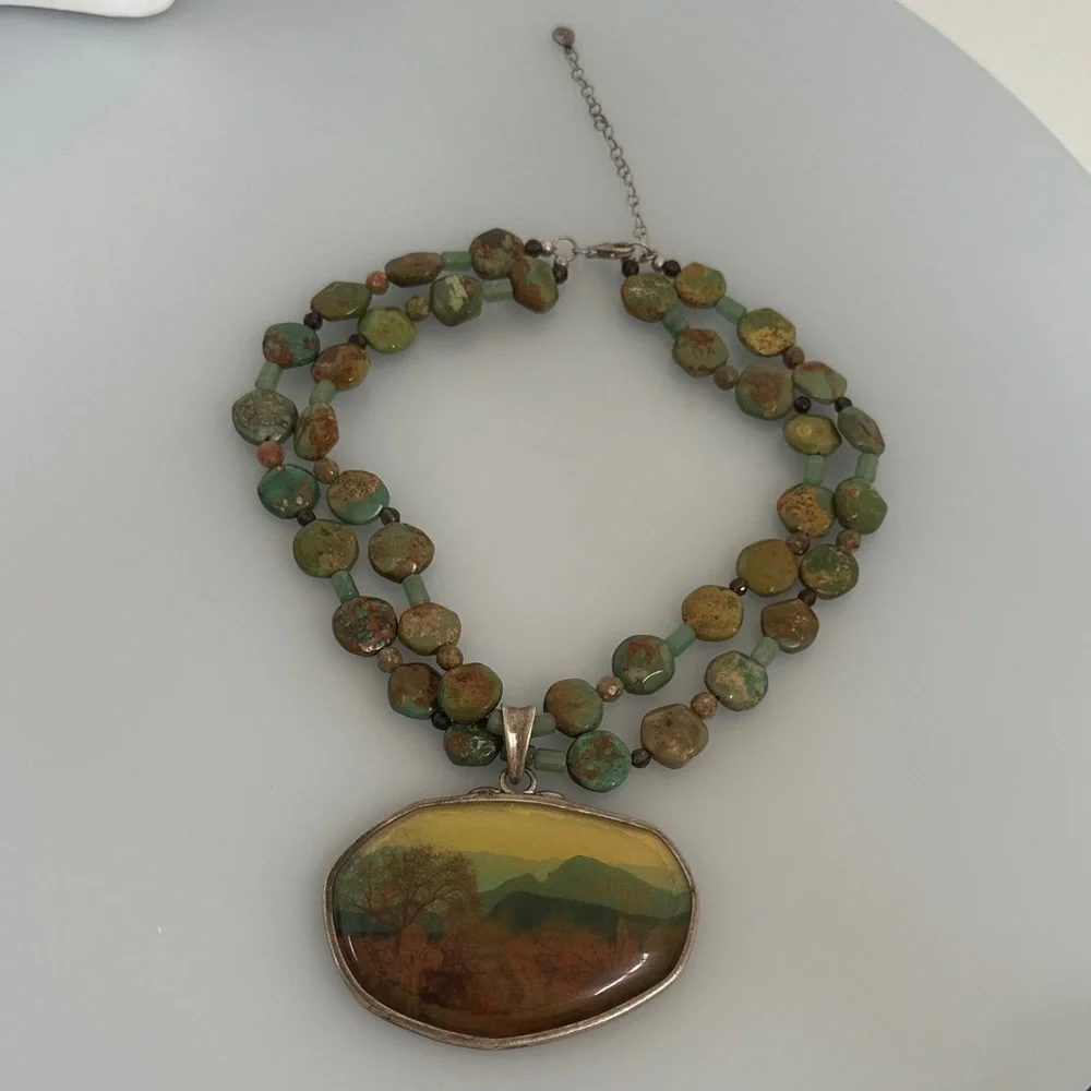BARSE 925 Sterling Silver  TURQUOISE Bead Necklace with ART Scenic Pendant